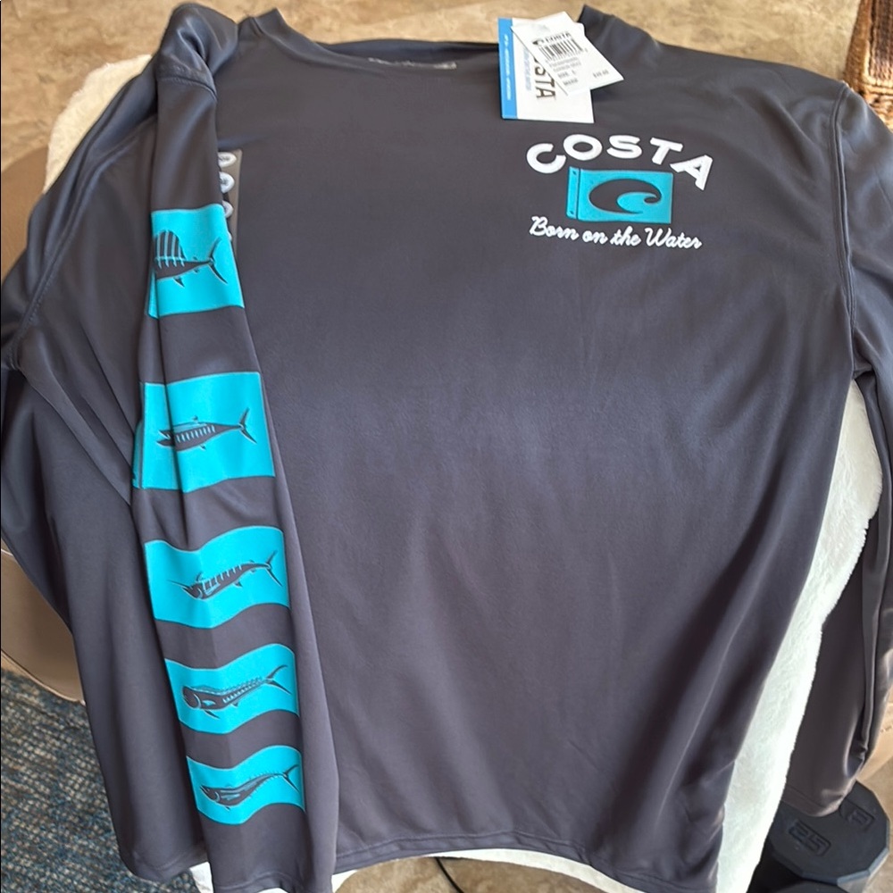 Costa Gray Long Sleeve Shirt with Blue Graphics